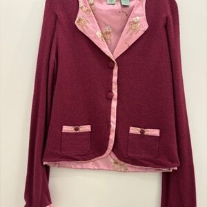 HWR Burgundy and Pink Dog Print Cardigan Long Sleeve Sweater; Size: Small